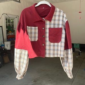 Small SHEIN flannel jacket red blue black and tan